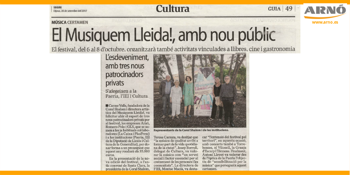 Notícia del diari Segre (2017-09-28) sobre el festival i la nostra col·laboració. Noticia del diario Segre (2017-09-28) sobre el festival y nuestra colaboración. Musiquem Lleida!