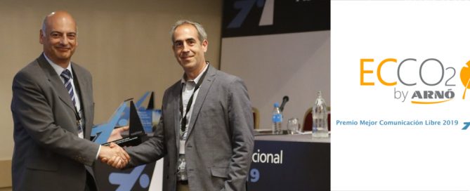 Premio a la mejor comunicación libre 2019 en la XIV Jornada Asefma para la herramienta de cálculo de CO2 desarrollada por Arnó, ECCO2. Presentó y recogió el premio Xavier Crisén, del departamento de I+D+i de Benito Arnó.