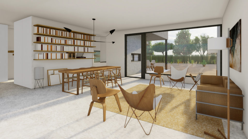 salón interior con vistas a la terraza delantera y trasera de vivienda unifamiliar de nueva construcción en Lleida